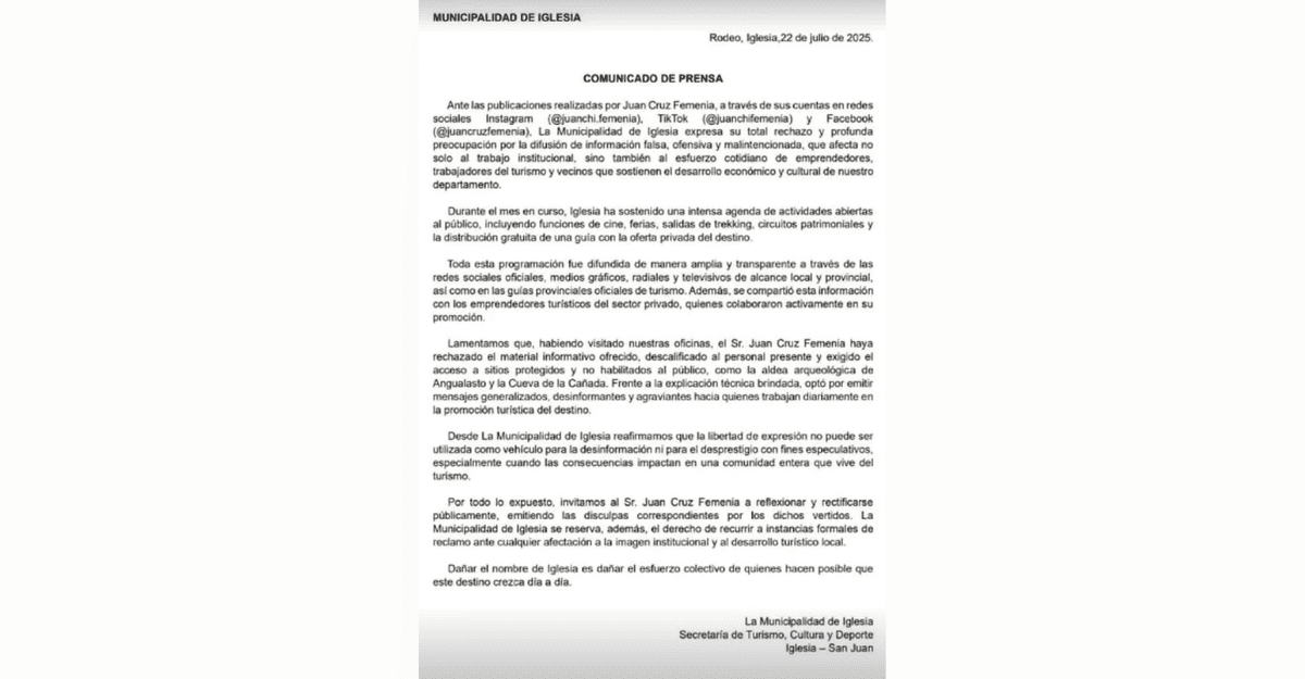  Influencer Juanchi Femenía criticó la gestión de Turismo en Iglesia y la Municipalidad respondió con todo